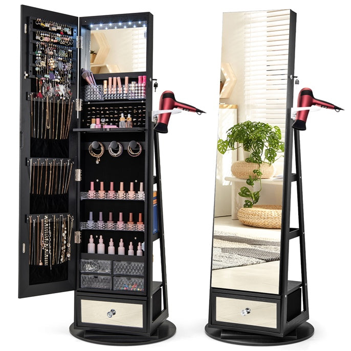 360 Rotating Jewelry Cabinet with Full Length Mirror, Standing LED Jewelry Armoire
