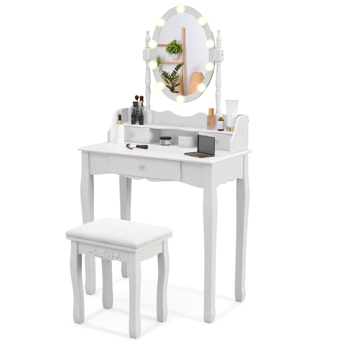 Vanity Table Set with Rotatable Mirror, Makeup Vanity Desk with 3-Color Dimmable LED Lights