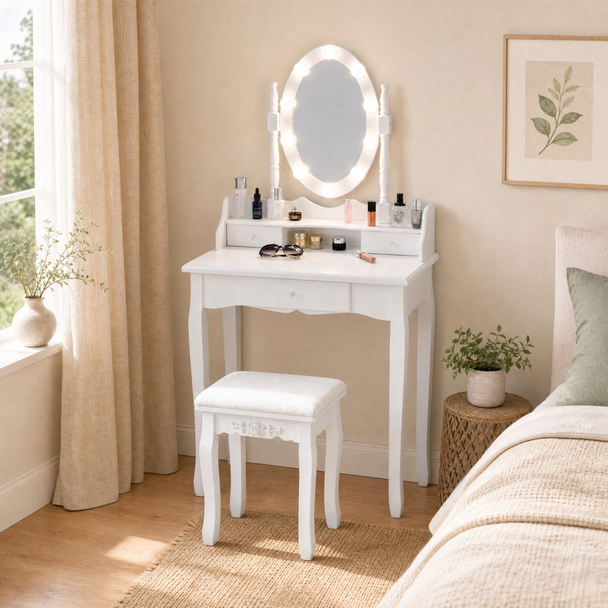 Vanity Table Set with Rotatable Mirror, Makeup Vanity Desk with 3-Color Dimmable LED Lights
