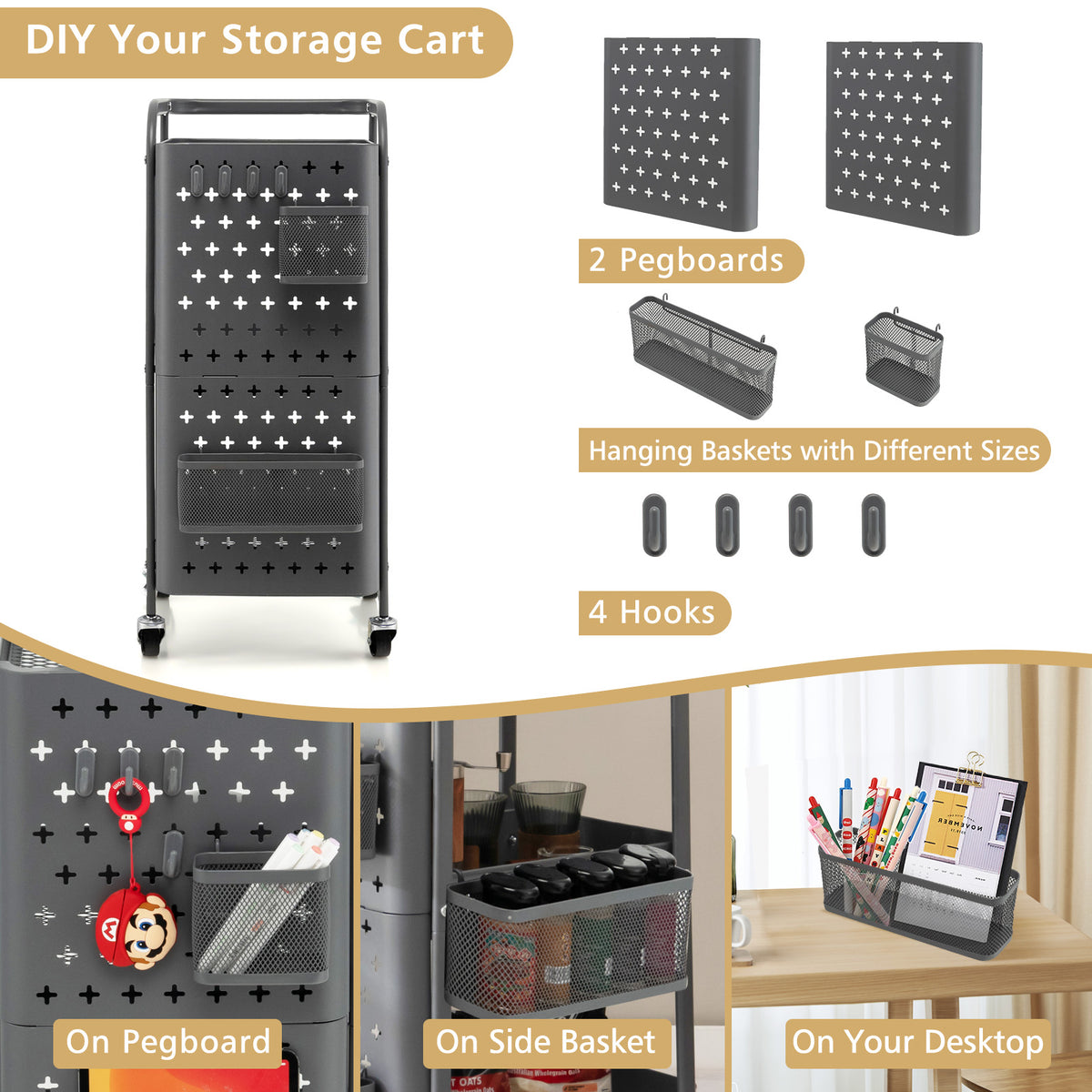 3-Tier Rolling Storage Cart with DIY Dual Pegboards, 2 Baskets, 4 Removable Hooks