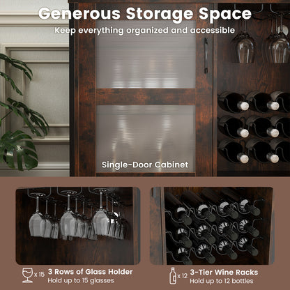 Wine Bar Cabinet with Wheels and LED Lights, Industrial Coffee Bar Cabinet for Liquor