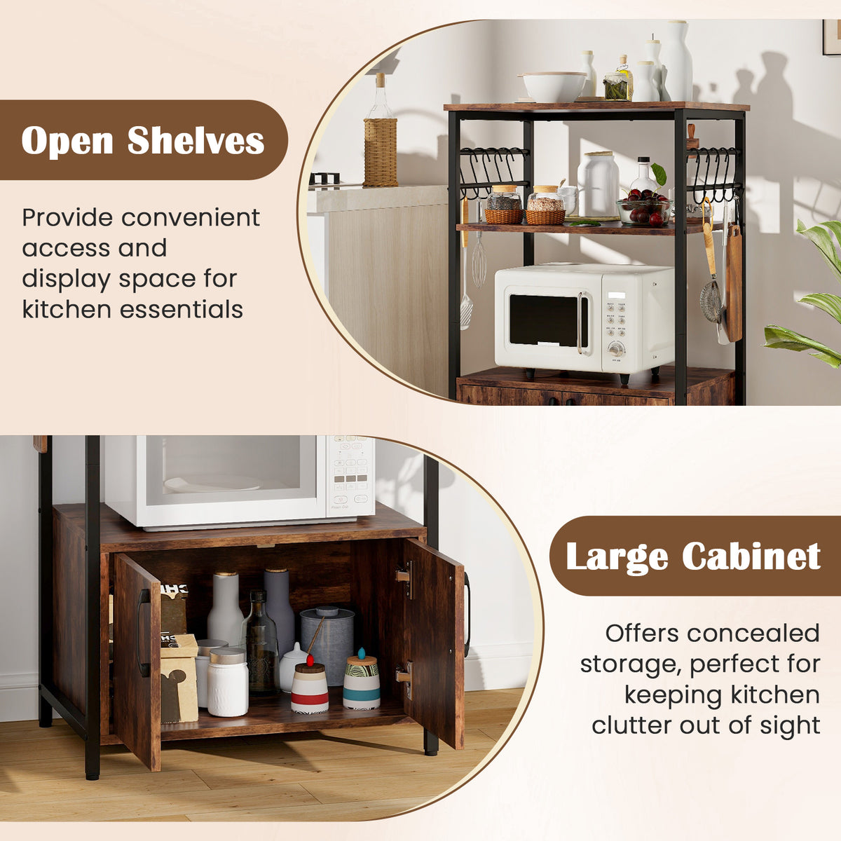 Kitchen Baker's Rack with Cabinet, 3-Tier Pantry Cabinet with 2 Open Shelves