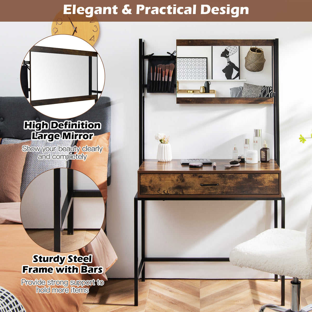 Industrial Vanity Table with 3-Position Adjustable Mirror, Makeup Dressing Table with Cosmetic Brush Pouch and 1 Large Drawer
