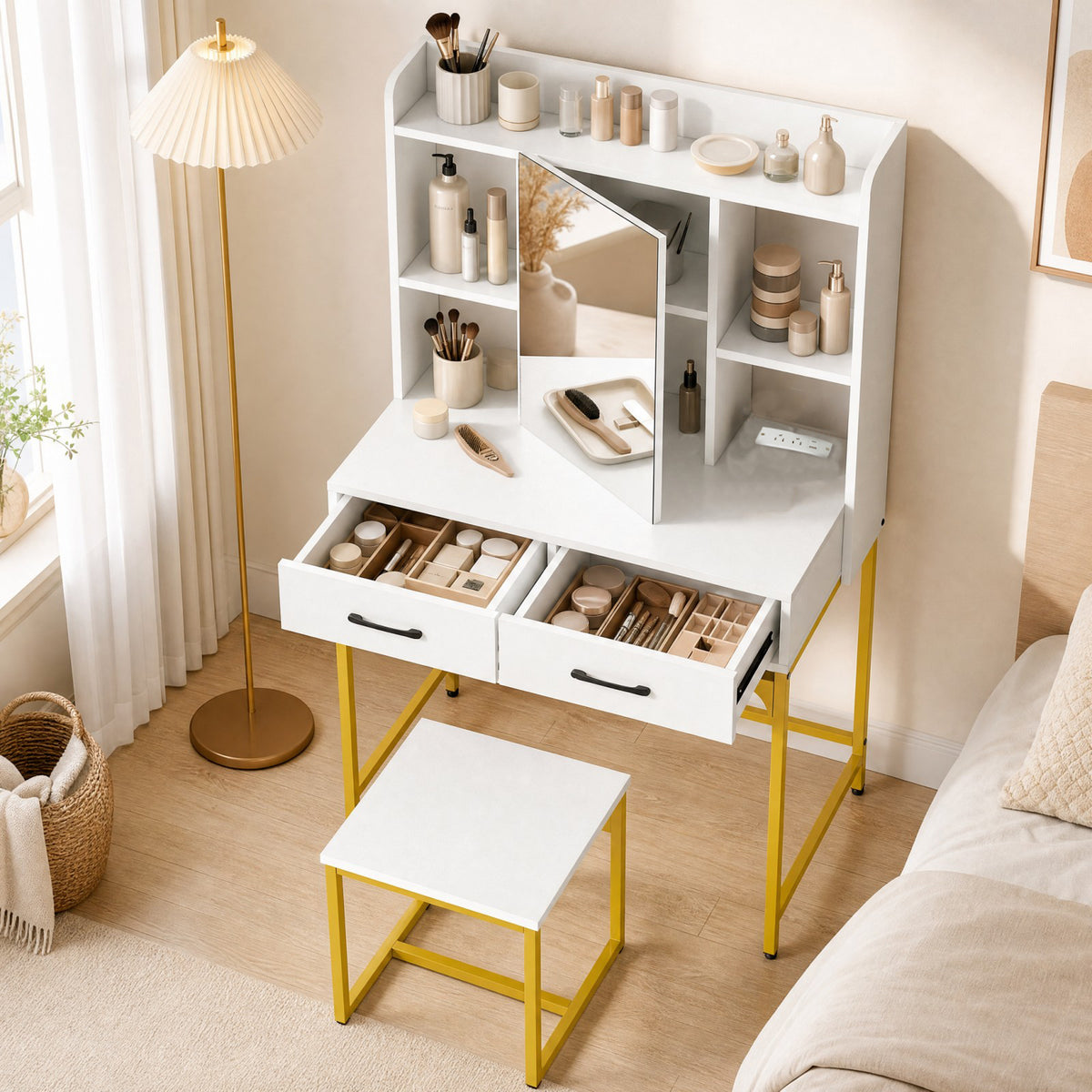 Vanity Desk Set with Charging Station, Modern Dressing Table with Mirror Cabinet