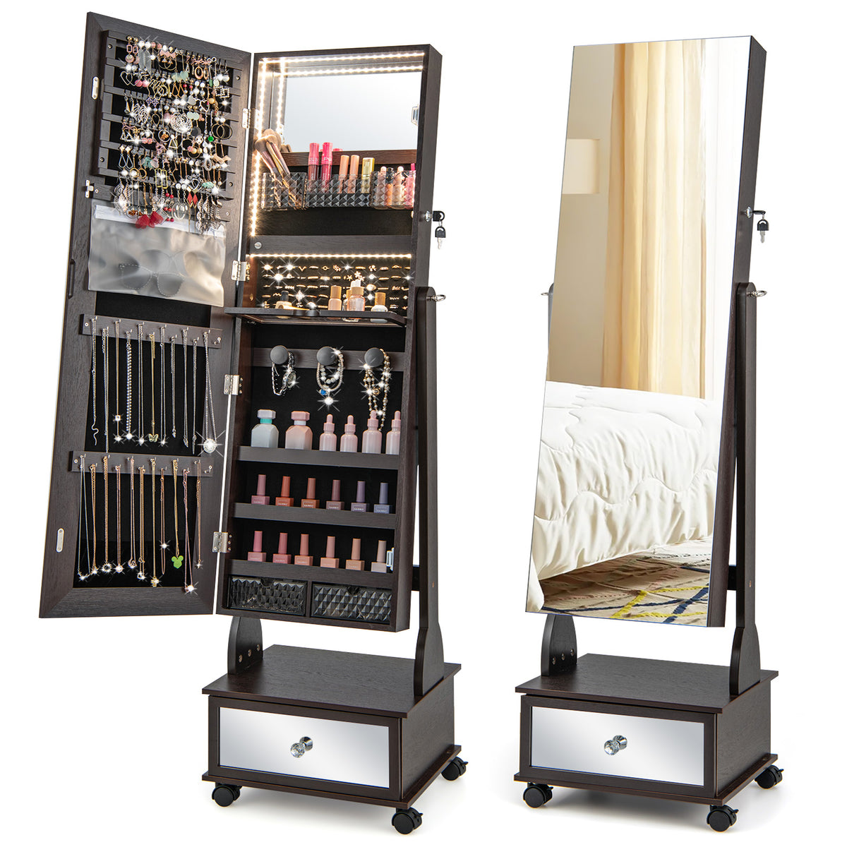 Standing Jewelry Cabinet Armoire with Wheels, Lockable Jewelry Storage Organizer with Full Length Mirror