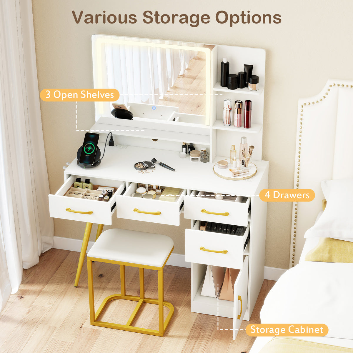 Vanity Desk with Mirror LED Light & Power Outlet, Modern Makeup Vanity Set with 3-Tier Shelves