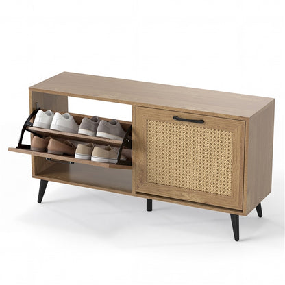 Rattan Shoe Storage Cabinet with 2 Flip Drawers, Hidden Shoe Storage Organizer with Adjustable Shelves and Metal Legs