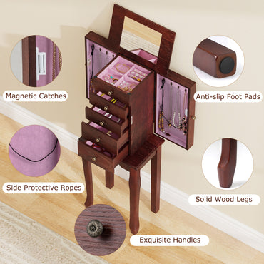 Standing Jewelry Cabinet Armoire with Top Flip Mirror, Jewelry Box Chest with 4 Drawers