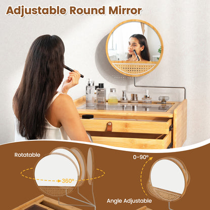 Makeup Vanity Table with Mirror, Bamboo Dressing Table with 2 Storage Drawers and Tempered Glass Table Top