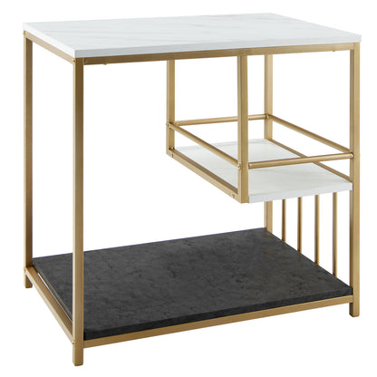 Faux Marble End Table, 3-Tier Sofa Side Table with Storage Shelves, Golden Polished Steel Frame