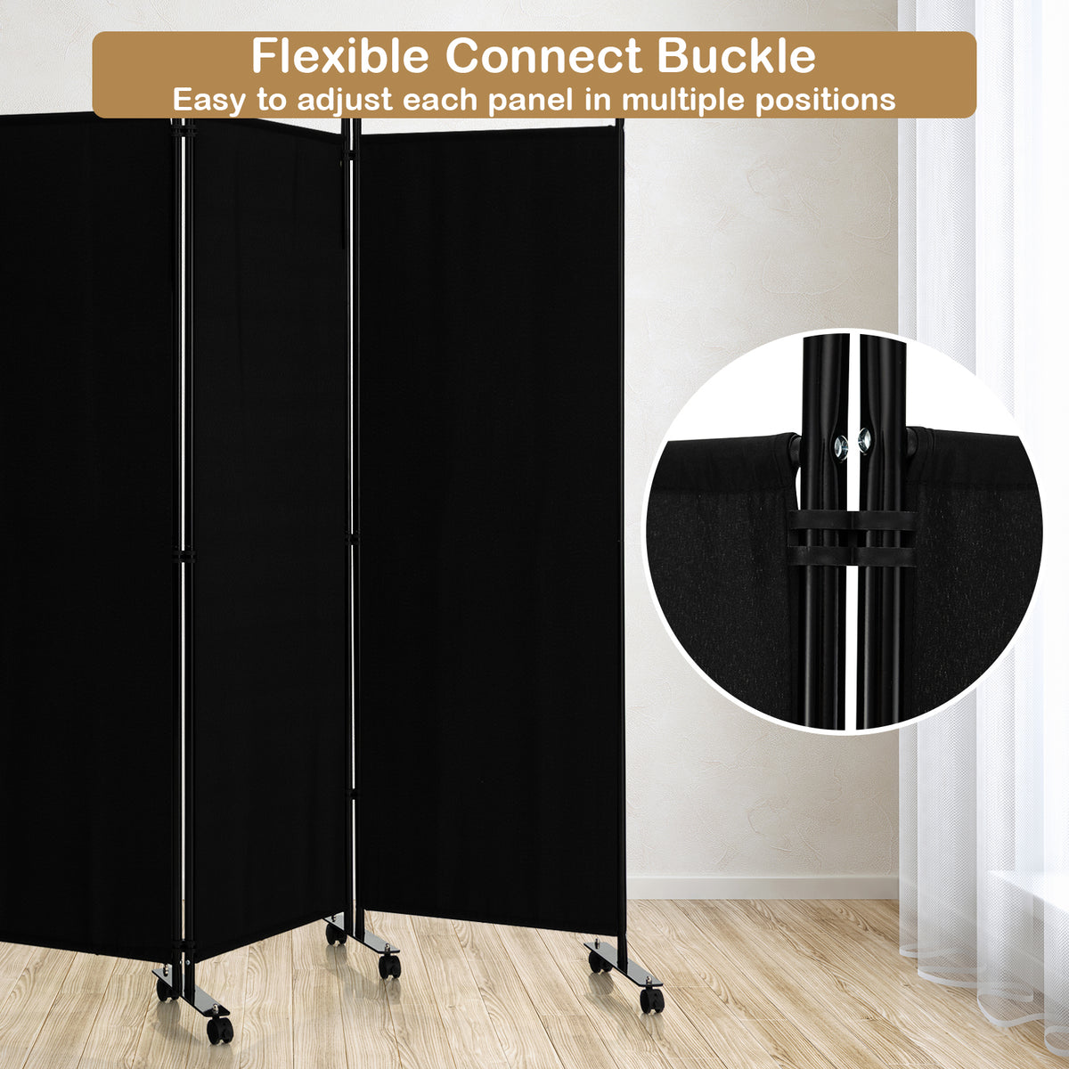 4 Panel Folding Room Divider, 6FT Rolling Privacy Screen with Lockable Wheels