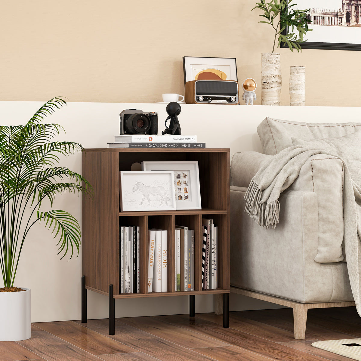 Record Player Stand with Charging Station, Turntable Stand Holds Up to 150 Albums