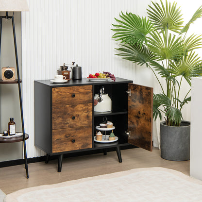 Storage Cabinet with Door & 3 Drawers, Mid-Century Floor Cabinet with Adjustable Shelf