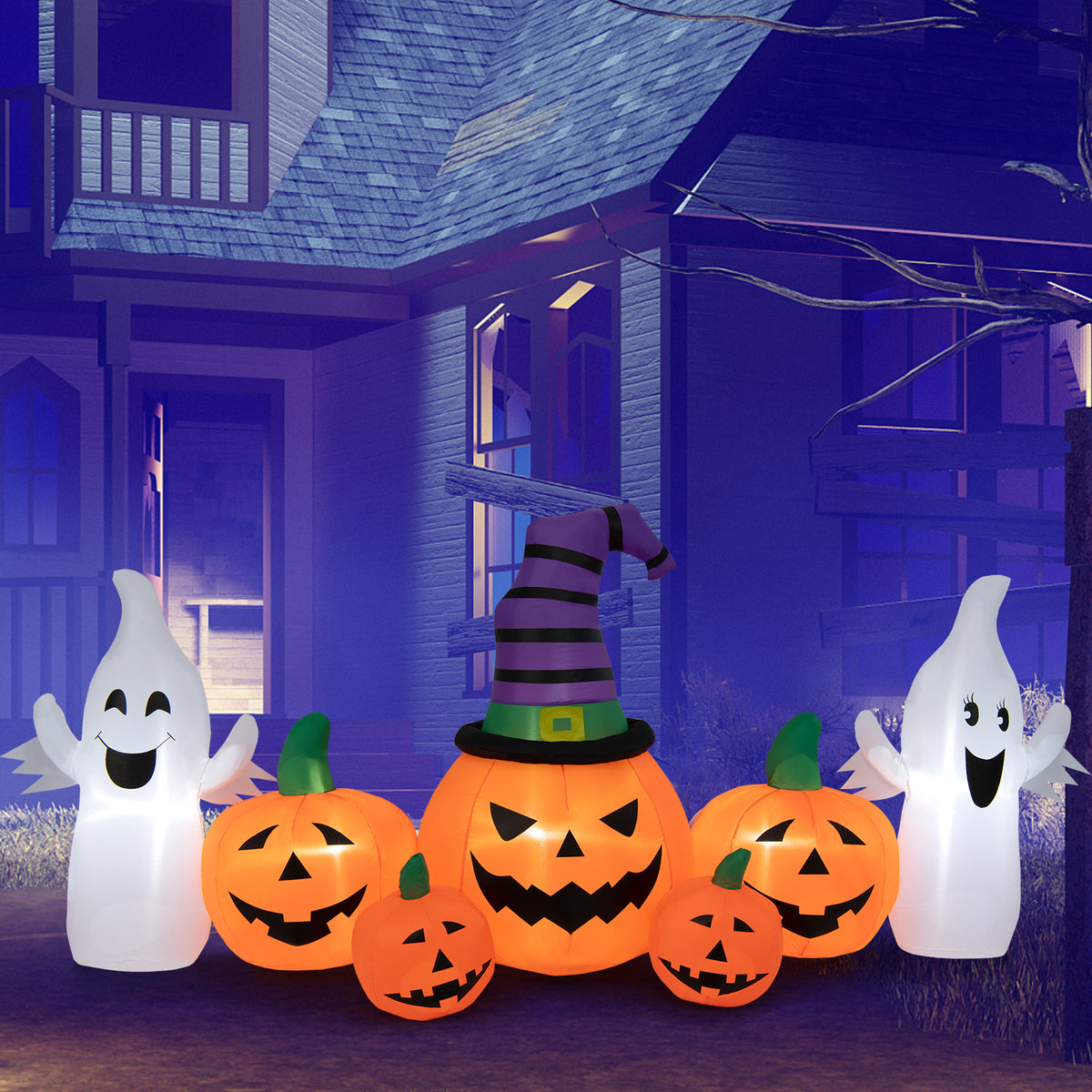 9FT Long Halloween Inflatable Pumpkin with 2 Ghosts, Blow up Yard Decoration with Built-in LED Lights