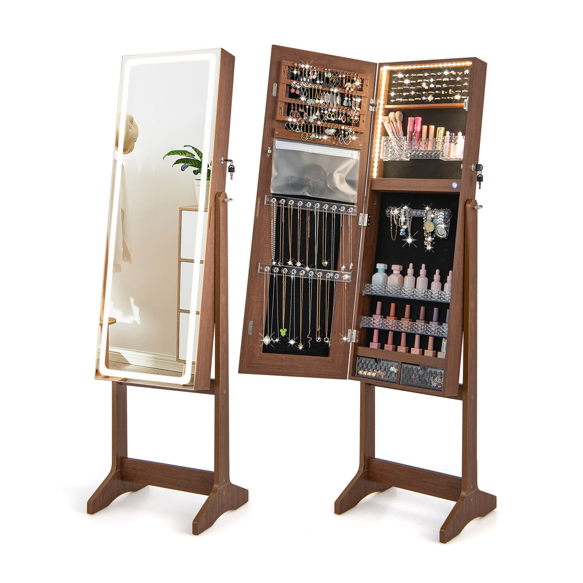 Jewelry Cabinet Armoire with Full Length Mirror, Freestanding Jewelry Cabinet with 3-Color LED Lights