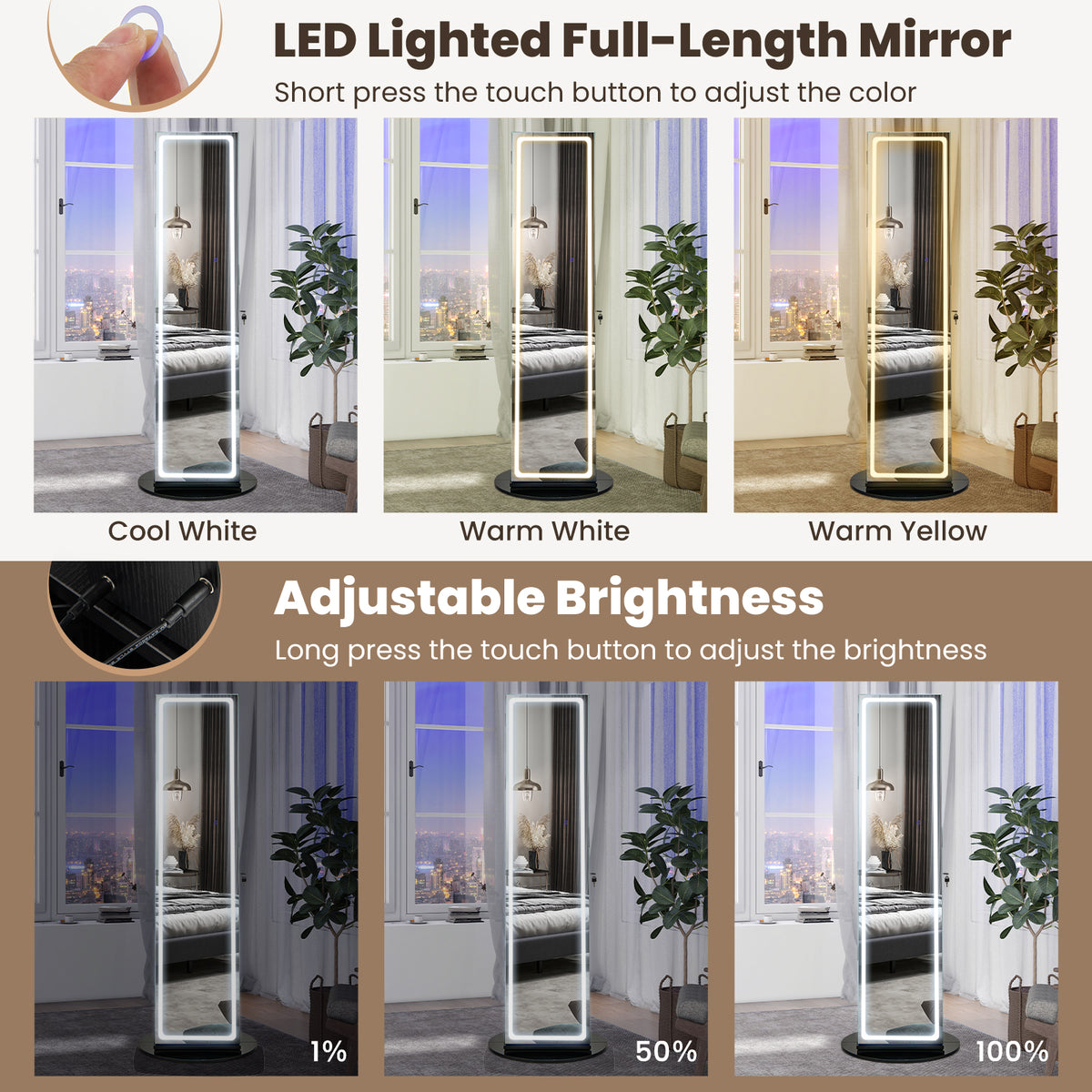 360° Swivel Jewelry Cabinet Armoire with Full Length Mirror, Standing Jewelry Storage Organizer with Rear Storage Shelves