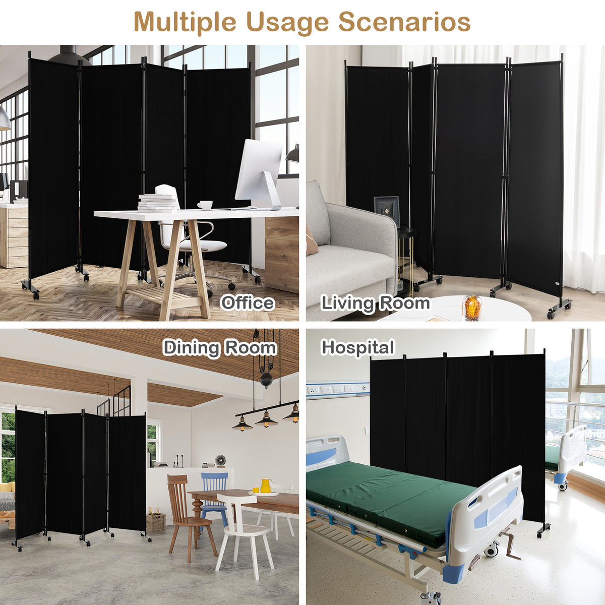 4 Panel Folding Room Divider, 6FT Rolling Privacy Screen with Lockable Wheels