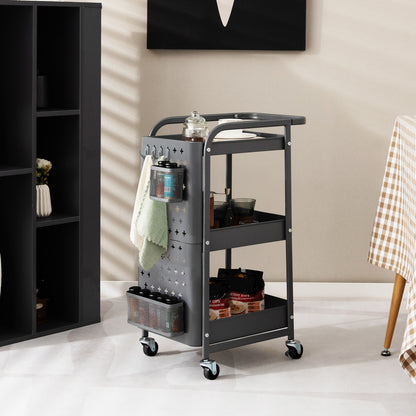3-Tier Rolling Storage Cart with DIY Dual Pegboards, 2 Baskets, 4 Removable Hooks