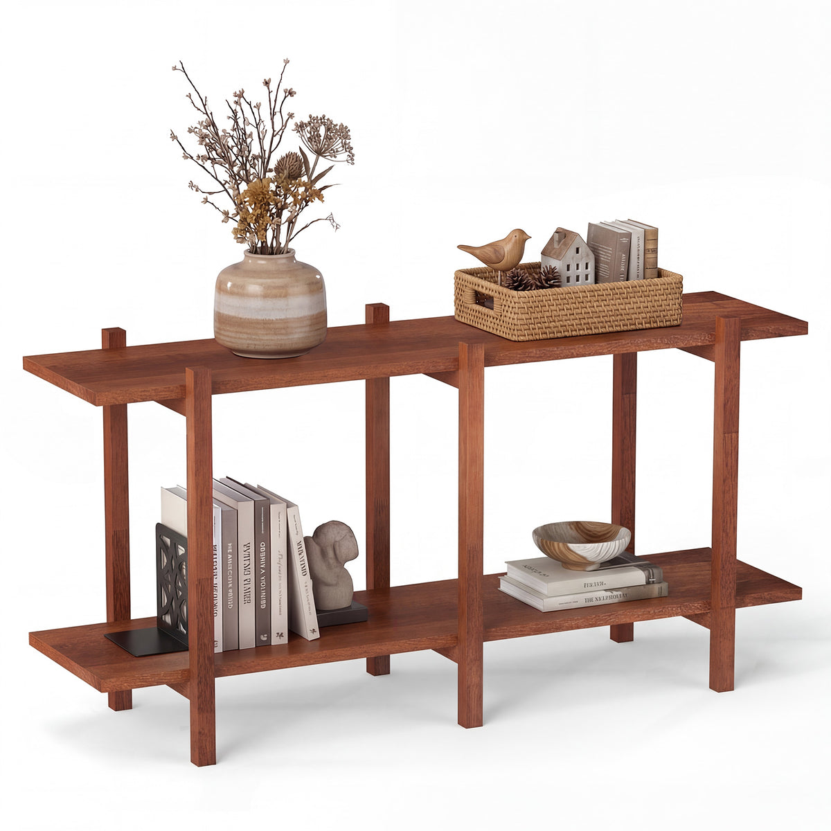2-Tier Wood Bookshelf, Mid-Century Modern Console Table with Storage Shelf