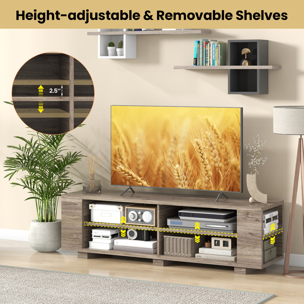 TV Stand for TVs up to 65 Inches, Modern Media Entertainment Center with 4 Open Storage Shelves and 4 Side Storage Shelves