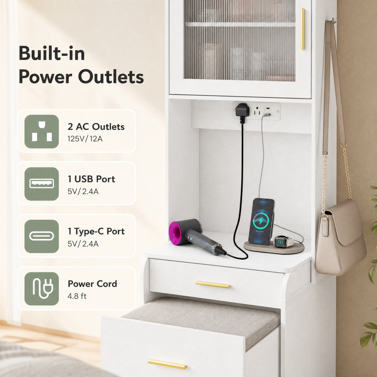 3-in-1 Vanity Desk with Flip Top Mirror, Hidden Rolling Chair, Charging Station