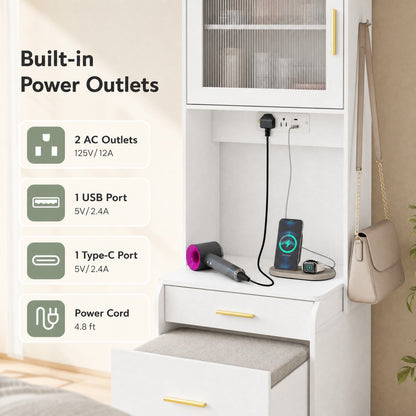 3-in-1 Vanity Desk with Flip Top Mirror, Hidden Rolling Chair, Charging Station