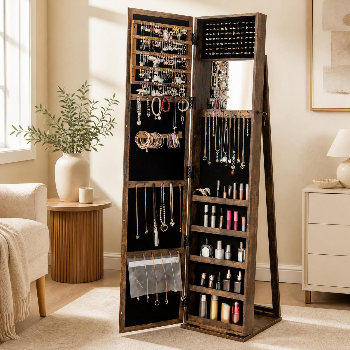 Jewelry Cabinet with Full-length Mirror, Jewelry Storage Organizer with Makeup Mirror