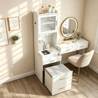 3-in-1 Vanity Desk with Flip Top Mirror, Hidden Rolling Chair, Charging Station
