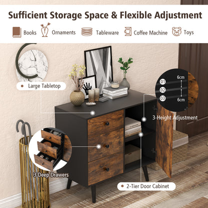Storage Cabinet with Door & 3 Drawers, Mid-Century Floor Cabinet with Adjustable Shelf