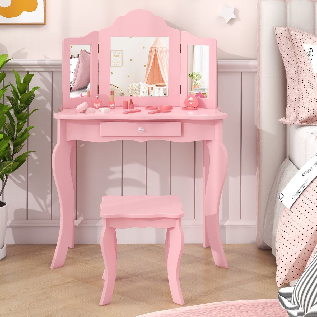 Wooden Vanity Table with Tri-Folding Mirror and Stool for Kids, Writing Table with Detachable Top and Large Capacity Drawer