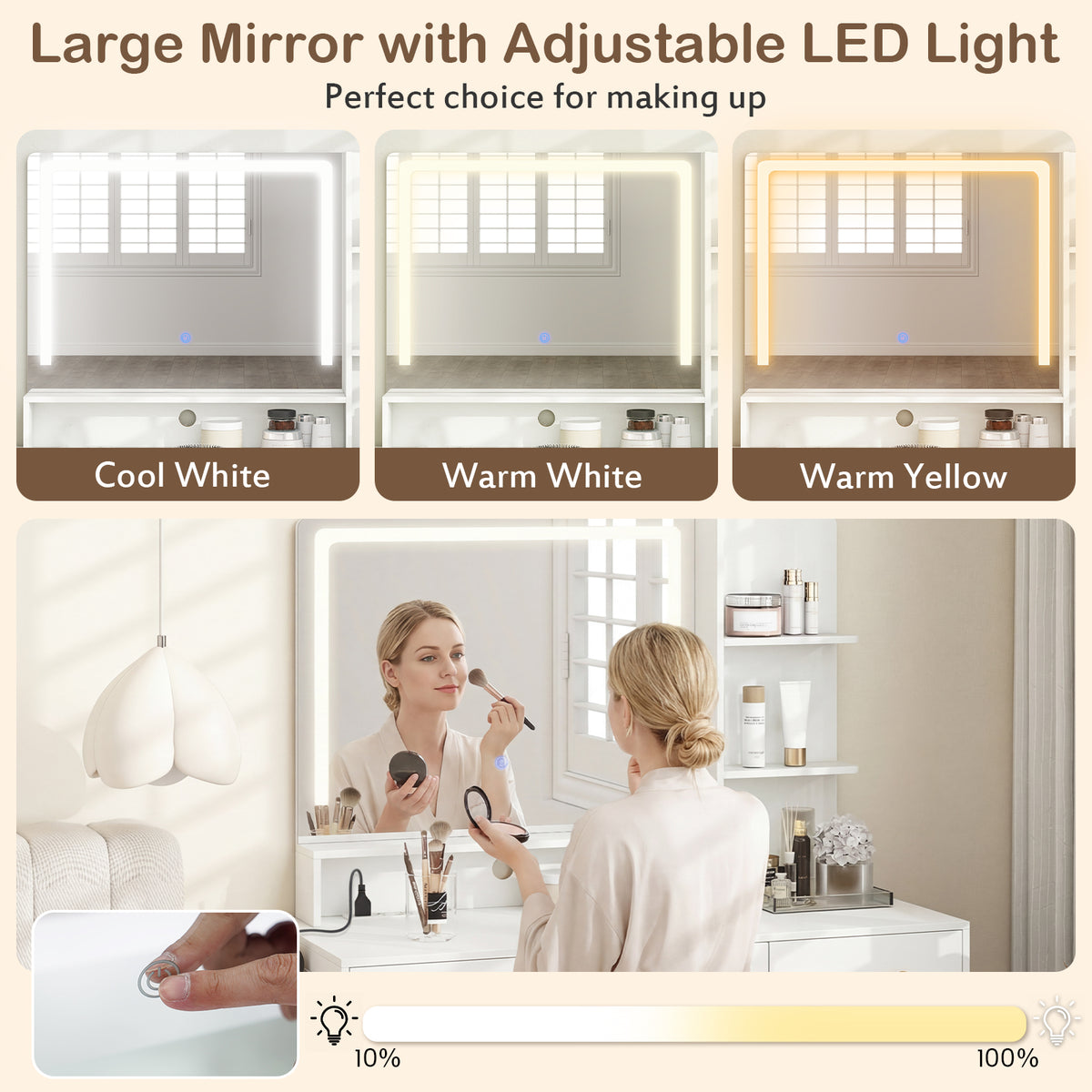 Vanity Desk with Mirror LED Light & Power Outlet, Modern Makeup Vanity Set with 3-Tier Shelves
