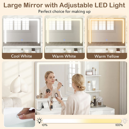 Vanity Desk with Mirror LED Light & Power Outlet, Modern Makeup Vanity Set with 3-Tier Shelves