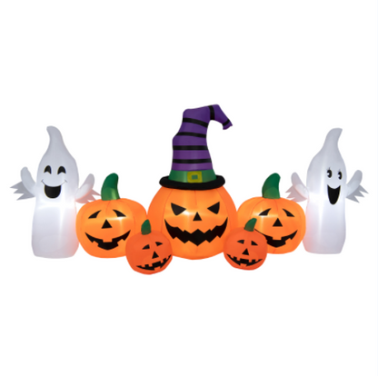 9FT Long Halloween Inflatable Pumpkin with 2 Ghosts, Blow up Yard Decoration with Built-in LED Lights
