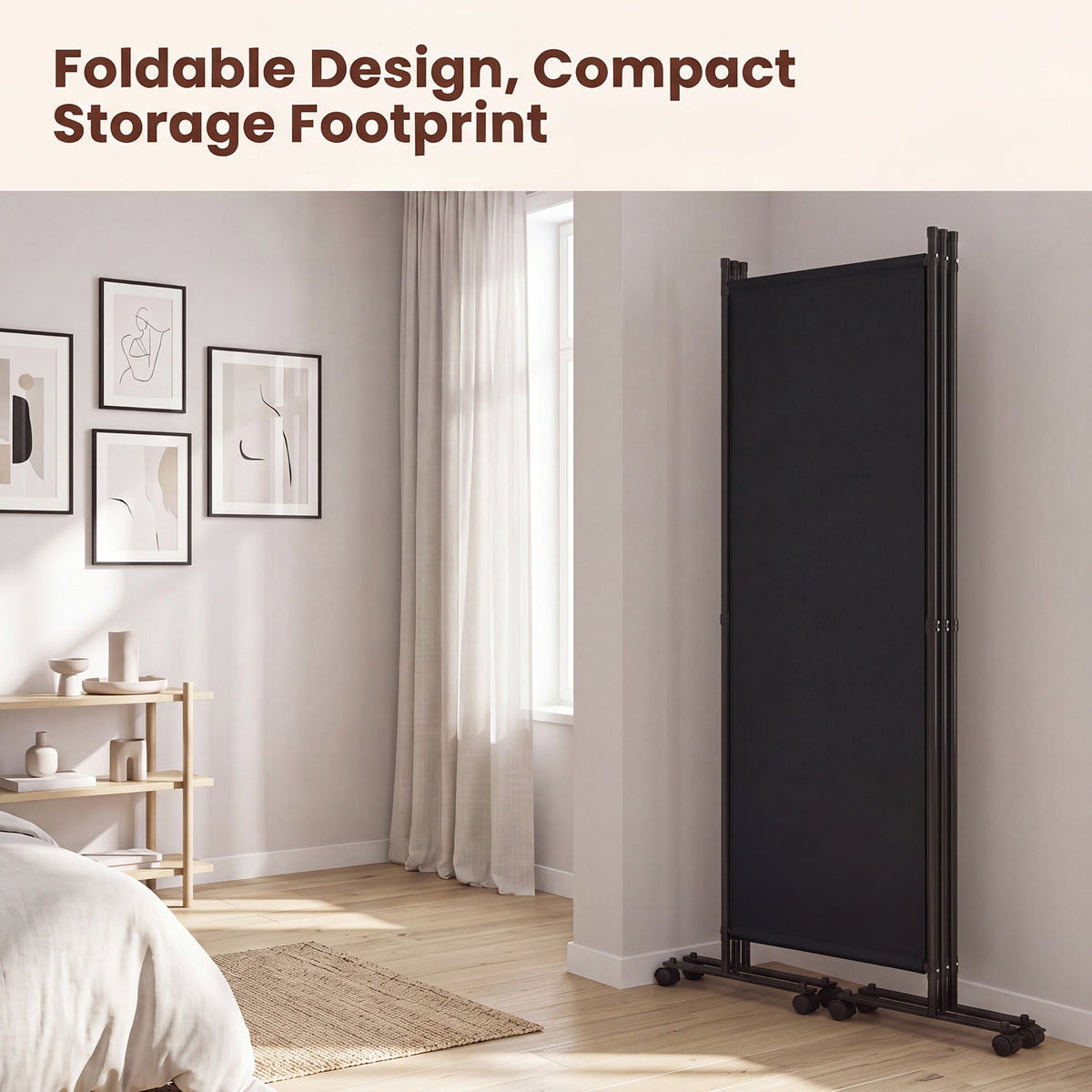 4 Panel Folding Room Divider, 6FT Rolling Privacy Screen with Lockable Wheels