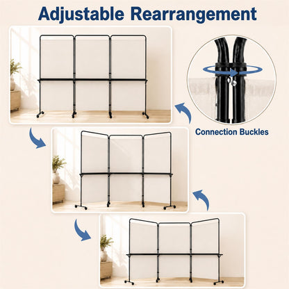 3 Panel Room Divider with Storage Shelves, 6FT Folding Privacy Screen with Lockable Wheels