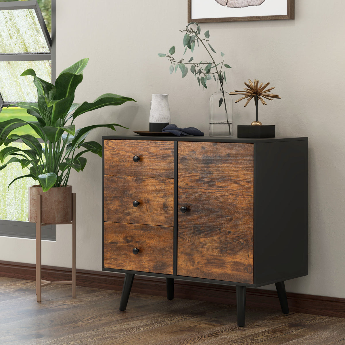 Storage Cabinet with Door & 3 Drawers, Mid-Century Floor Cabinet with Adjustable Shelf