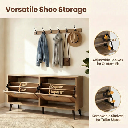 Rattan Shoe Storage Cabinet with 2 Flip Drawers, Hidden Shoe Storage Organizer with Adjustable Shelves and Metal Legs