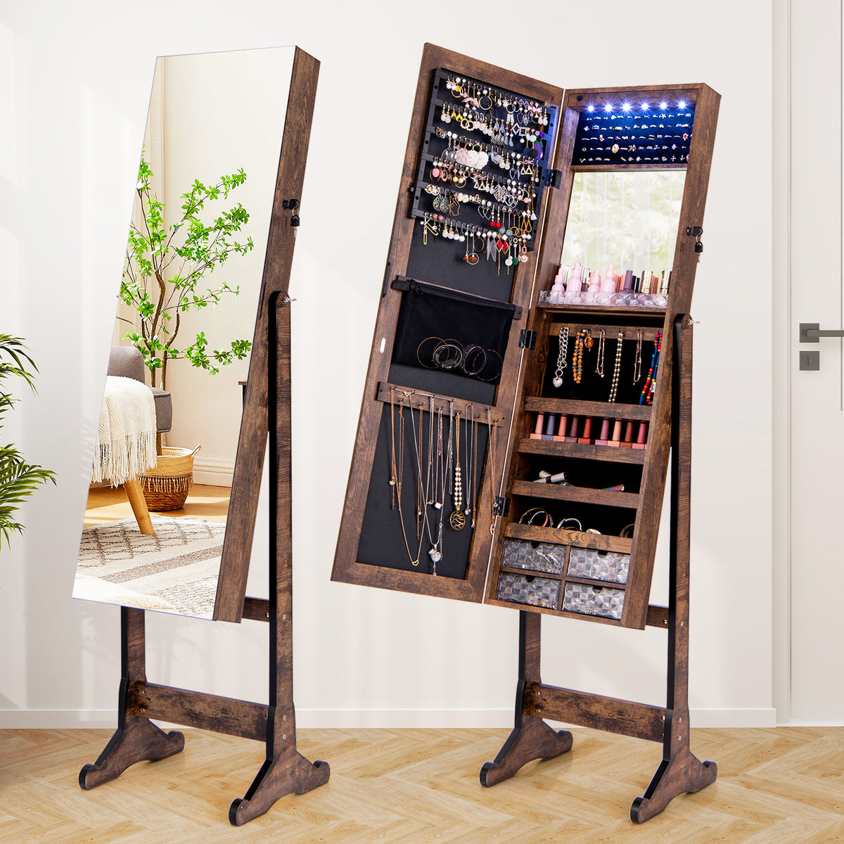 Jewelry Cabinet Freestanding, Lockable Jewelry Armoire Organizer with Full-length Frameless Mirror