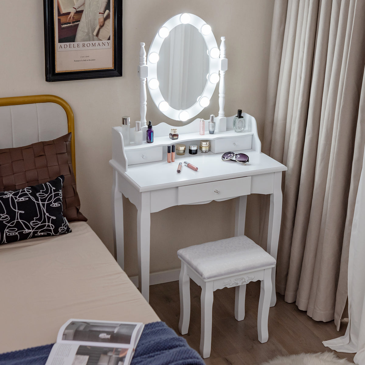 Vanity Table Set with Rotatable Mirror, Makeup Vanity Desk with 3-Color Dimmable LED Lights