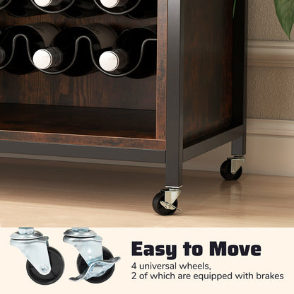 Wine Bar Cabinet with Wheels and LED Lights, Industrial Coffee Bar Cabinet for Liquor