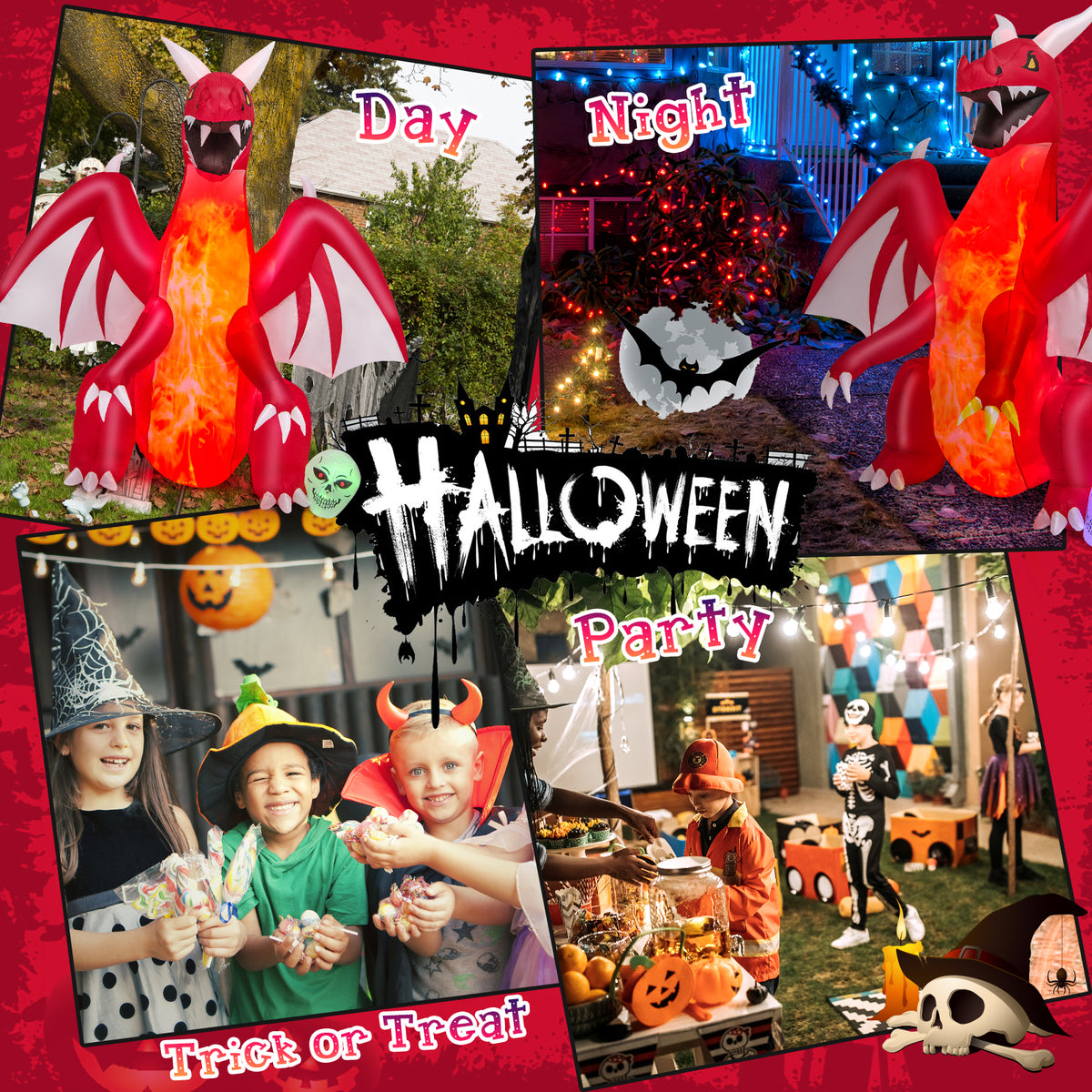 8 FT Halloween Inflatable Fire Dragon, Flash Blow up Lighted Inflatables with Multi-Color Skull