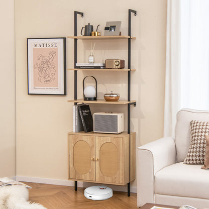 72.5'' Tall Bookshelf with Cabinet, 4-Tier Wall Mount Ladder Shelf with Rattan Cabinet