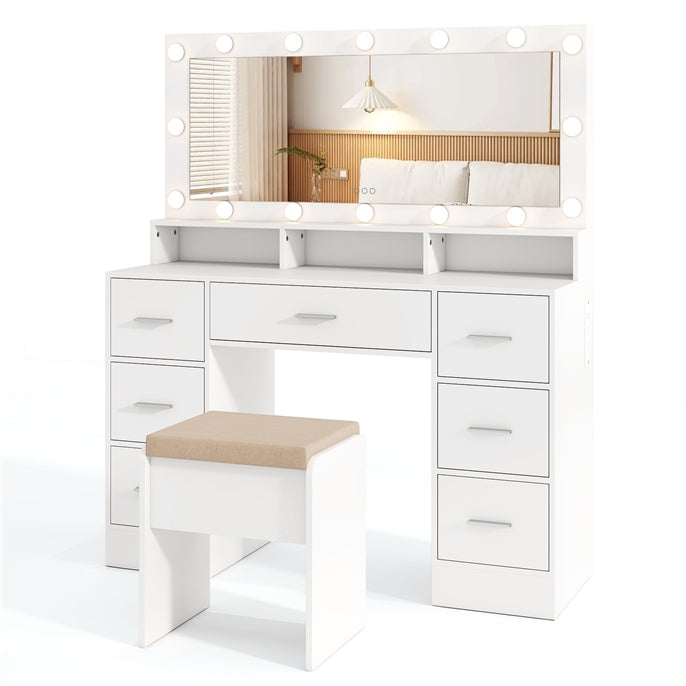 Makeup Vanity Set with Mirror and Lights, Large Dressing Table Set with Charging Station