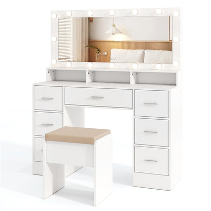 Makeup Vanity Set with Mirror and Lights, Large Dressing Table Set with Charging Station