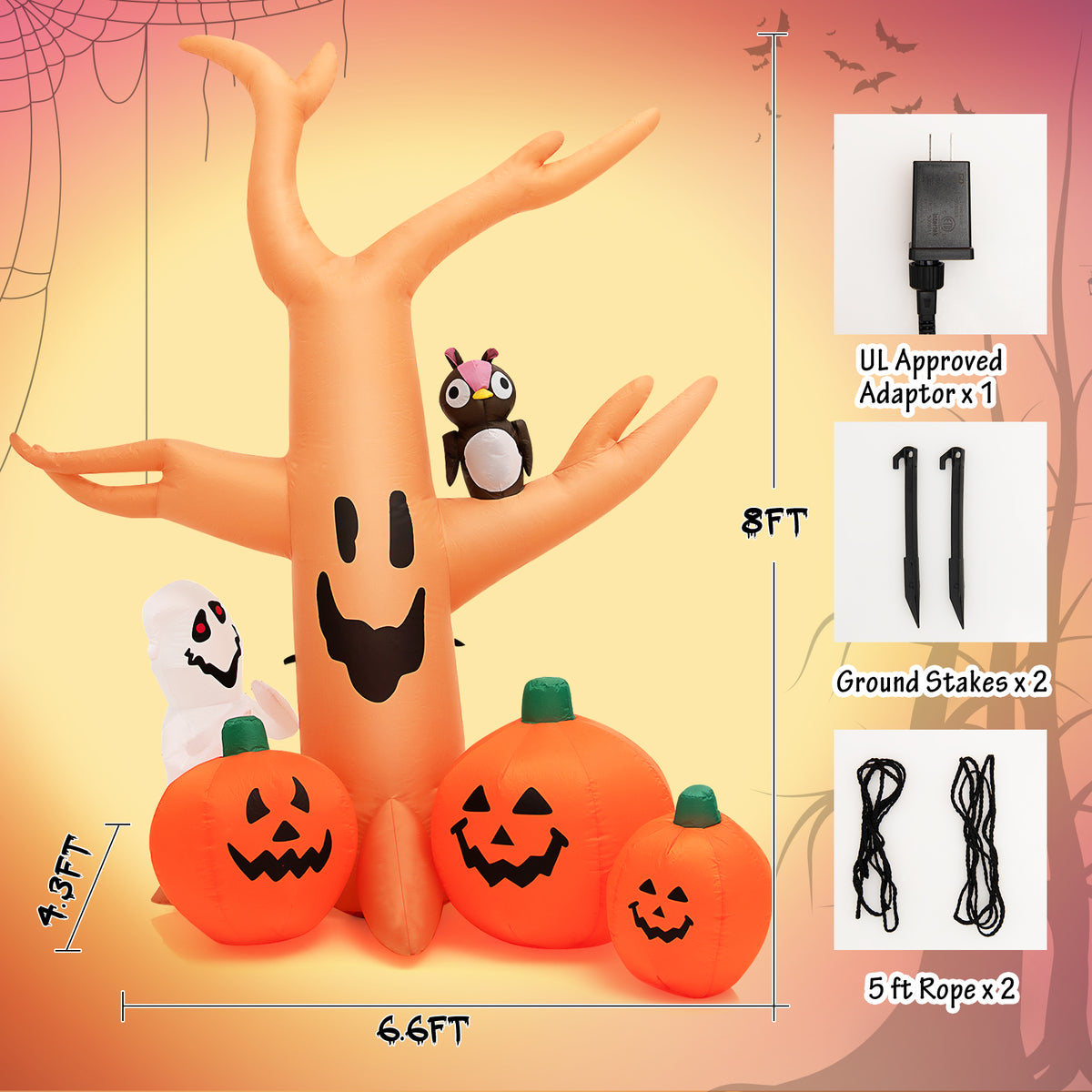 8 FT Halloween Inflatable Dead Tree with Pumpkins, Ghost and Owl, Blow up Yard Scary Tree with Bright LED Lights
