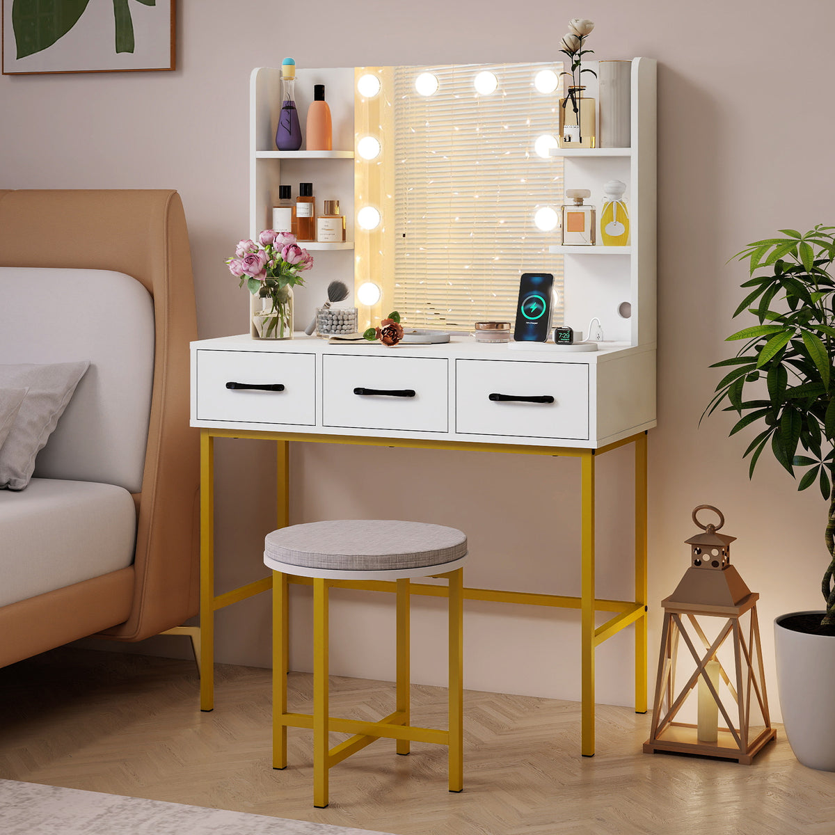 Vanity Desk with Lights & Charging Station, White & Gold Makeup Vanity with Chair