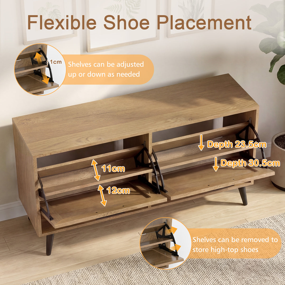 Rattan Shoe Storage Cabinet with 2 Flip Drawers, Hidden Shoe Storage Organizer with Adjustable Shelves and Metal Legs