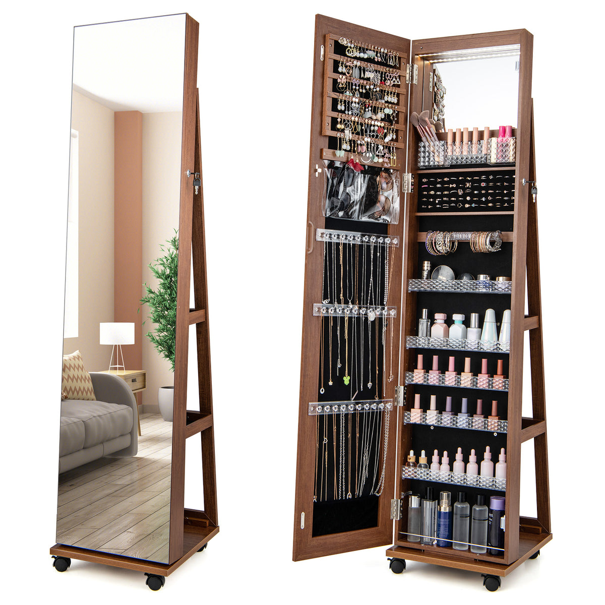 Jewelry Cabinet with Full Length Mirror, Lockable Jewelry Storage Organizer with Wheels