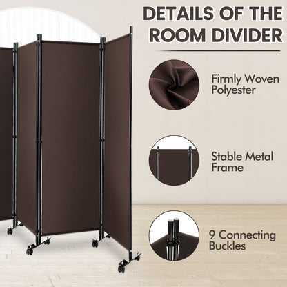 4 Panel Folding Room Divider, 6FT Rolling Privacy Screen with Lockable Wheels