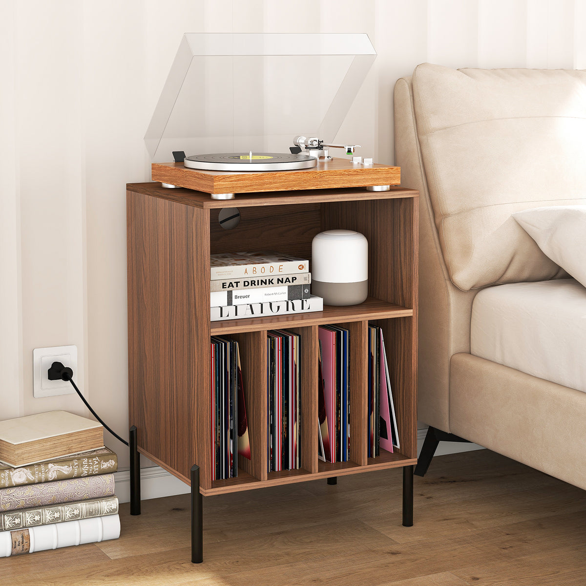 Record Player Stand with Charging Station, Turntable Stand Holds Up to 150 Albums